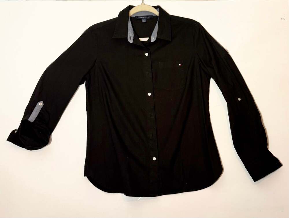 Tommy Hilfiger Women's Small Petite Black Button Down Shirt Long Sleeve Roll Tab